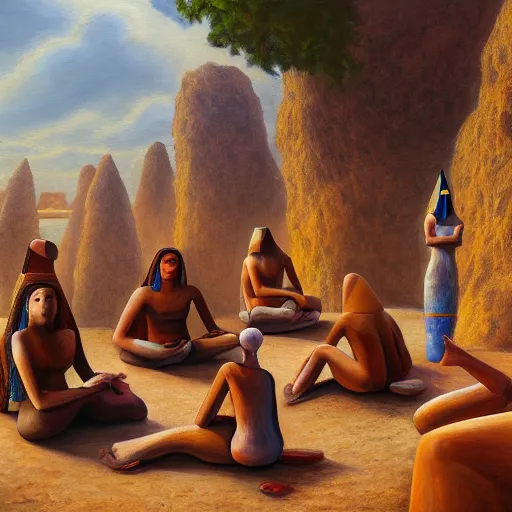 Image similar to a painting of a group of people sitting on rocks, a surrealist painting by abdullah gerguri, cg society, neo - primitivism, fractalism, egyptian art, artstation