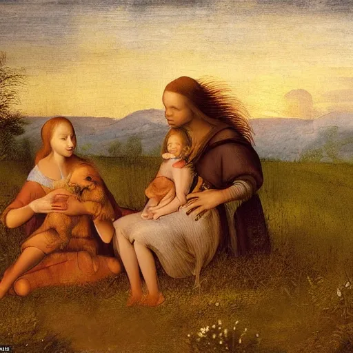Prompt: happy family of wife and husband with a teen daugther, the girl is blond with long hair, on a meadow at sunset; the daughter holds a Yorkshire Terrier on her lap, painted by Leonardo da Vinci