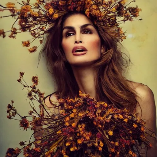 Prompt: fine art photo of cindy crawford, she has a crown of dried flowers, by oleg oprisco