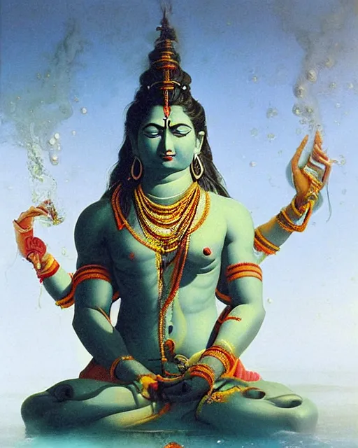 Prompt: One many-armed Shiva. In the background gasoline on the water. Drops of blood. High detail, hyperrealism, masterpiece, close-up, ceremonial portrait, solo, rich deep colors, realistic, art by Yoshitaka Amano, Ivan Aivazovsky