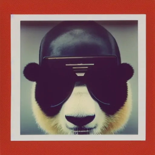 Image similar to grainy head to shoulder portrait polaroid film photograph of a panda in a mall wearing aviator shades. super resolution. surreal. extremely detailed. polaroid 6 0 0 film. by annie leibovitz and richard avedon