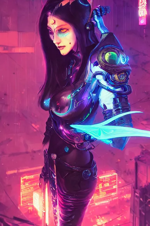 Image similar to morgana from league of legends, cyberpunk futuristic neon. decorated with traditional japanese ornaments by ismail inceoglu dragan bibin hans thoma greg rutkowski alexandros pyromallis nekro rene maritte illustrated, perfect face, fine details, realistic shaded, fine - face, pretty face, masterpiece