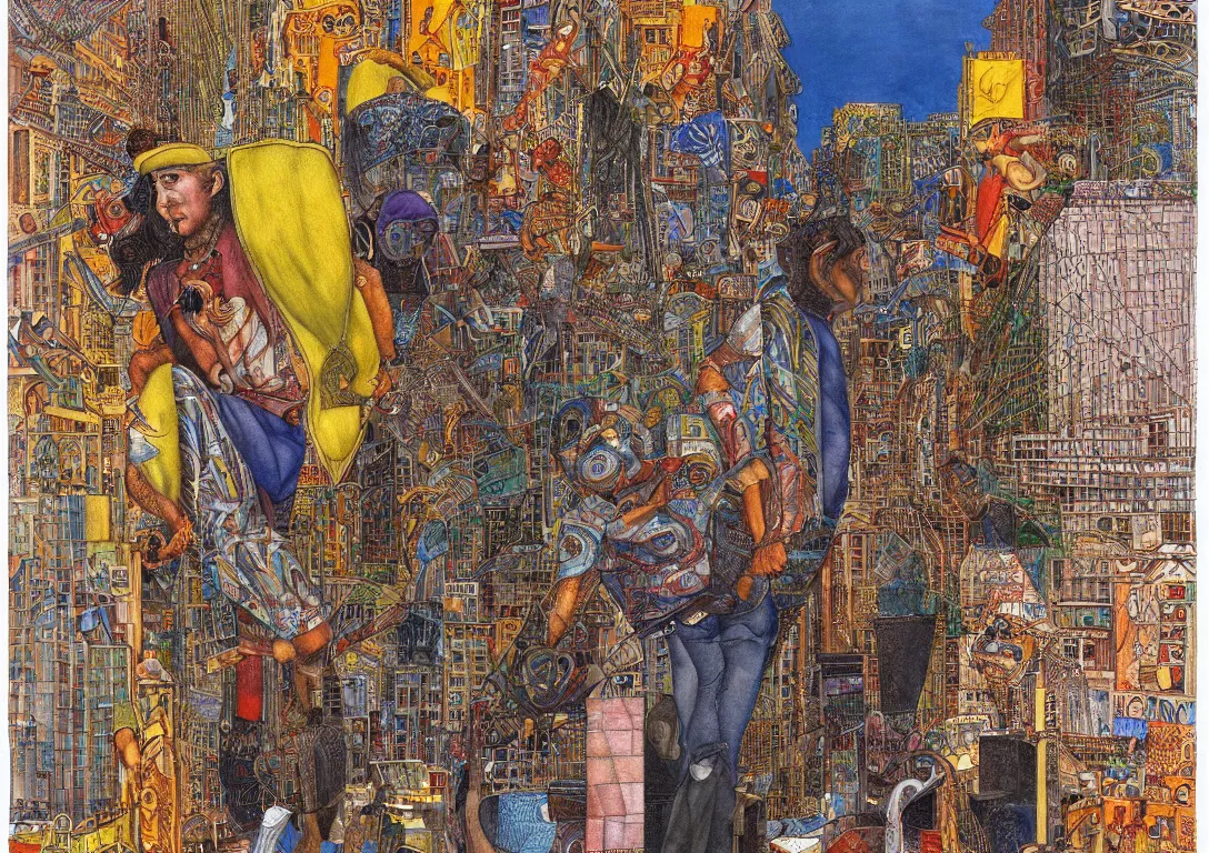 Prompt: portrait of a punk latino greek god searching through the streets of an stylized watercolor glass and steel metropolis, very sparse detail, saturated color scheme, by mati klarwein, victor brauner and moebius