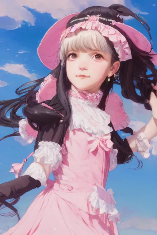 Prompt: a character design of little girl with black hair in a pink lolita dress, sky background by krenz cushart and mucha and akihito yoshida and greg rutkowski, detailed eyes, 4 k resolution