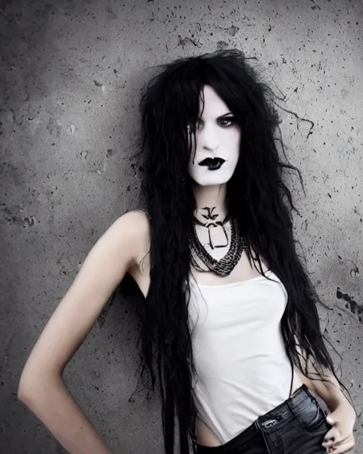 Prompt: a beautiful portrait photo of a Young goth female with long disheveled black hair , paper white skin and reflective eyes, black tank top, black leather shiny jeans, an ankh necklace white colors in the background, Death of the the Endless from Sandman comics, top cinematic lighting , cinematic mood, very detailed, shot in canon 50mm f/1.2