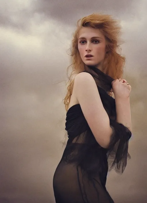 Prompt: kodak portra 1 0 0 realistic photo medium portrait of a pre - raphaelite blond beautiful woman, shoulders draped by black tulle, dreamy mood, fine art photography in style of annie liebovitz 1 5 0 mm, emotionally evoking, head in focus, stormy clouds outdoor, matt mute colour background, volumetric lighting, ultra detailed