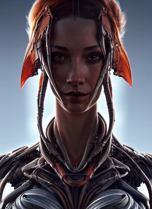 Image similar to asymmetrical!! portrait of an alien with large tubes in face in the style of, machine face, intricate, elegant, highly detailed, digital painting, artstation, concept art, smooth, sharp focus, illustration, art by artgerm and greg rutkowski and alphonse mucha, horizon zero dawn 8 k