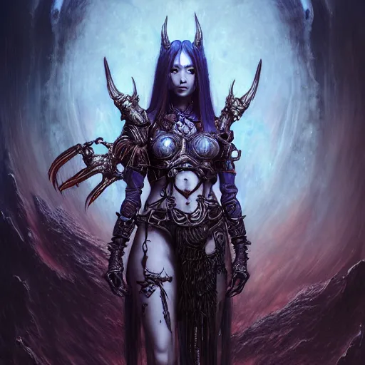 Image similar to a highly detailed long shot photo of chthonic warcraft female character by ayami kojima, beksinski, giger, intricate, digital painting, artstation, intricate, concept art, smooth, sharp focus, illustration