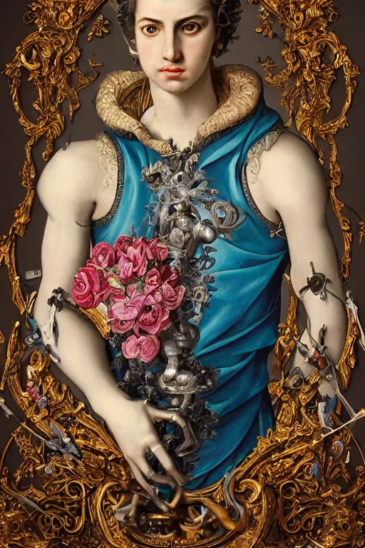 Image similar to full-body baroque and cyberpunk style sculpture of a young handsome Spanish prince half android with a chest opening exposing circuitry and blue electric sparks, glowing pink laser eyes, crown of peach roses, flowing teal-colored silk, fabric, flowers. baroque elements, human skull. full-length view. baroque element. intricate artwork by caravaggio. many many birds birds on background. Trending on artstation, octane render, cinematic lighting from the right, hyper realism, octane render, 8k, depth of field, 3D