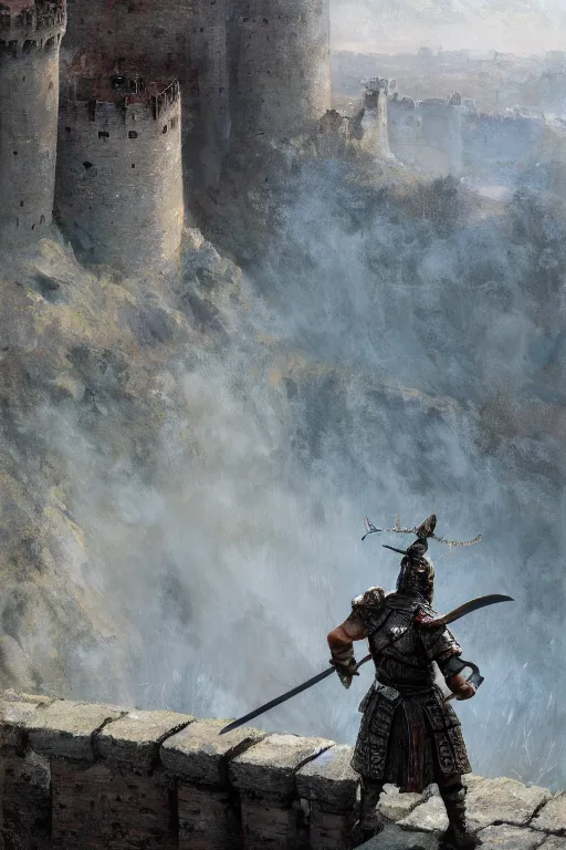 Prompt: A highly detailed painting of a male warrior on a castle wall overlooking the approaching army by Craig Mullins and Marc Simonetti, two swords, white hair, young man, samurai armour, trending on artstation, 4k, octane render, unreal engine,