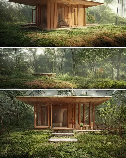 Image similar to a beautiful 3d renderings of a little house in the jungle, architecture by SOM Architect. Architectural photography, 14mm, cinematic photography, high resolution 4k, cg architects, vray