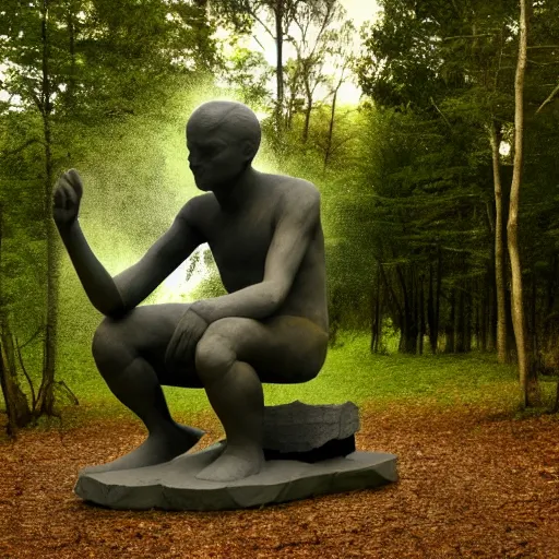 Prompt: the thinker sculpture disintegrating into a dust cloud, in a forest setting at dusk