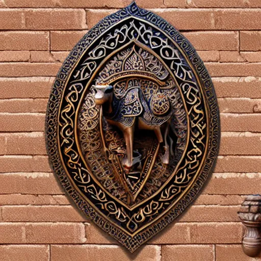 Image similar to gorgeous ornated bronze realistic detailed sacred camel wall decoration with filigree, islamic calligraphy