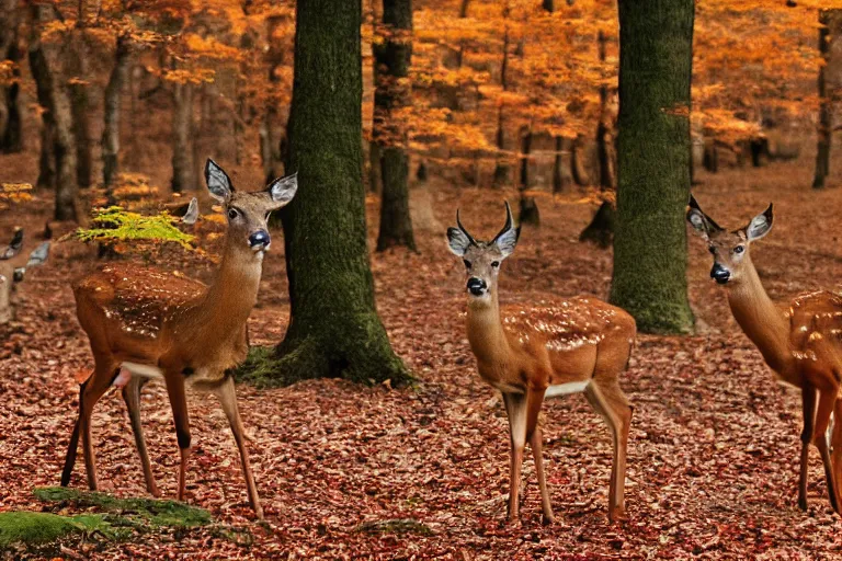 Image similar to a national geographic photo of deer that red color in forest, f 2,0, telephoto