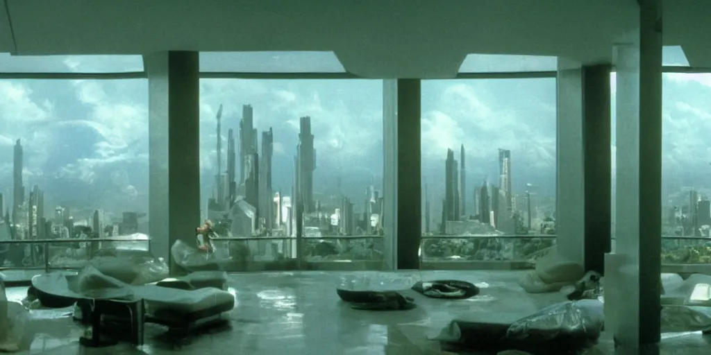 Prompt: a luxury apartment with large windows, 1 9 8 0 s science fiction, windows overlooking a salt crystal jungle landscape, sci - fi film still, screenshot from a science fiction movie, ridley scott,