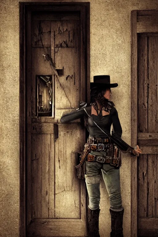 Image similar to an environmental concept art of a female gunslinger, back to camera, standing in the doorway of an open saloon door, old west town, highly detailed, cinematic, dramatic lighting, close shot by francis tneh