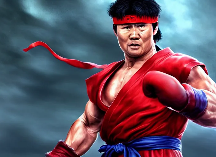 Prompt: action shot of ken barlow as ryu from Street fighter, ultra realistic, detailed, cinematic, concept art, digital art,