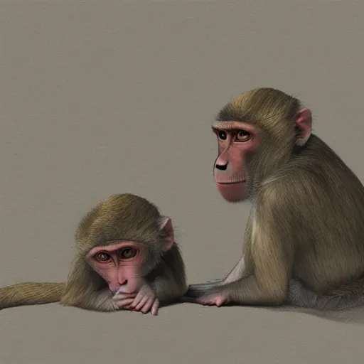 Image similar to two macaques looking at each other inside ancient cave, digital art, soft shadows, creepy art, shadman art