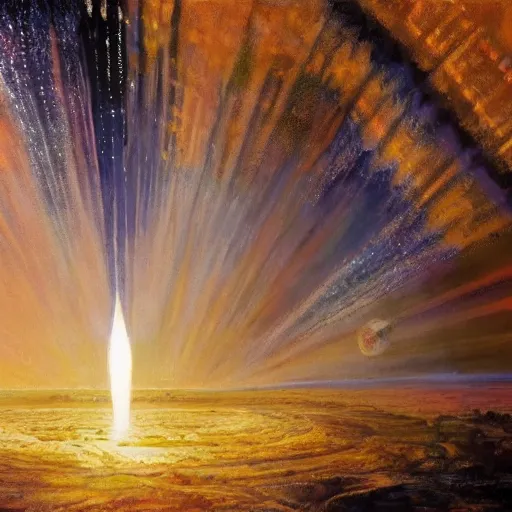 Prompt: dyson sphere in space, radiant core shining through, horizontal sun rays, intricate abstract, symmetry, unreal engine tech demo, golden hour, scifi, ( ( ( by robert mccall ) ) )