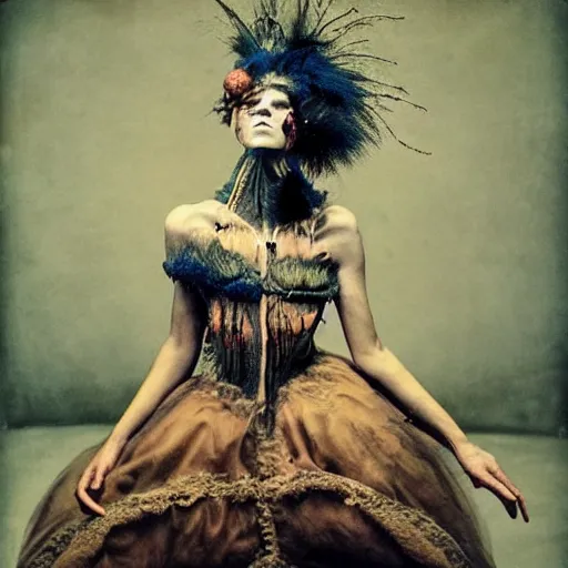 Image similar to damaged kodak portra 4 0 0, wetplate, photo of a surreal artsy dream scene,, very beautiful model, weird fashion, grotesque, extravagant dress, strange pose, carneval, with an animal, wtf, photographed by paolo roversi style