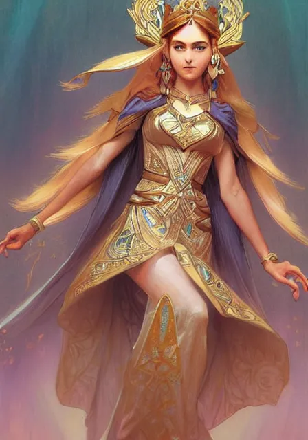 Image similar to zelda triforce princess, dance, intricate, elegant, highly detailed, digital painting, artstation, concept art, smooth, sharp focus, illustration, art by artgerm and greg rutkowski and alphonse mucha and william - adolphe bouguereau