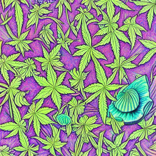 Image similar to trippy cannabis and mushroom fractals, colored pencil illustration