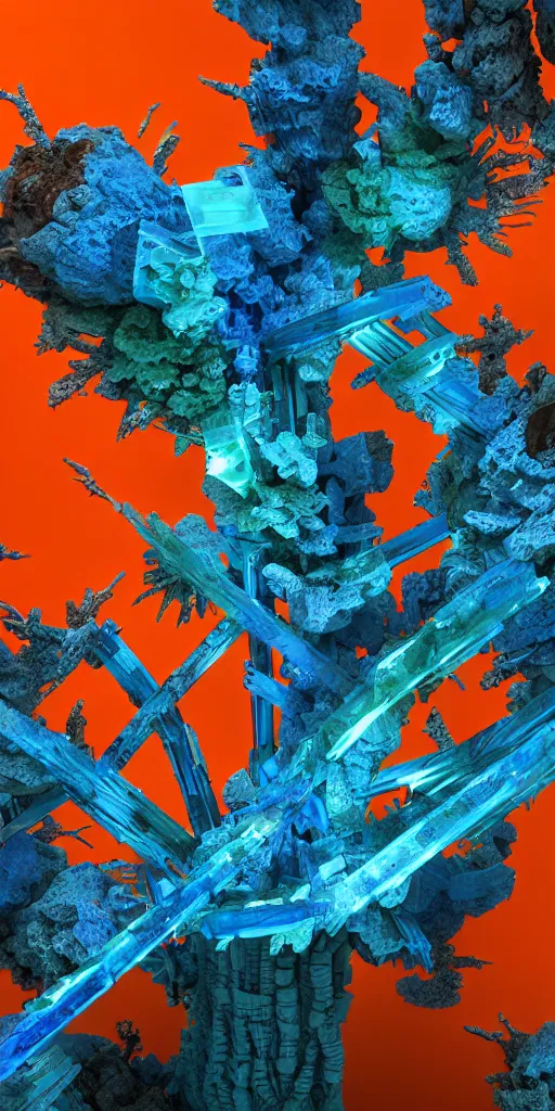 Prompt: 3 d photographic render of a deconstructed blue torii mandelbulb sculpture, orange bioluminescent chrometype, made of liquid metal, neotribal with thorns and green thunders, cyberpunk japanese temple, raytraced, hyper realistic, volumetric lightning, 8 k, by zhelong xu, ouchh and and innate studio