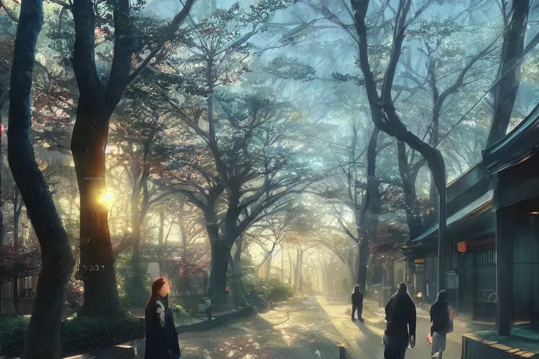 Prompt: morning walk around tokyo. volumetric lighting, spring early morning, dew, nice weather, realistic illustration, perfectly shaded, digital painting, unreal engine render, art by krenz cushart and nixeu