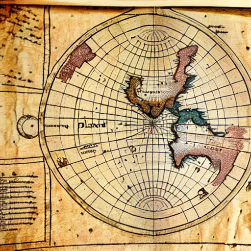 Image similar to detailed map of a planet teeming with ancient history, printed on parchment, 8 k