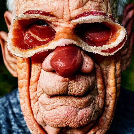 Image similar to an elderly man wearing a mask made from bacon, bold natural colors, national geographic photography, masterpiece, 8 k, raw, unedited, symmetrical balance