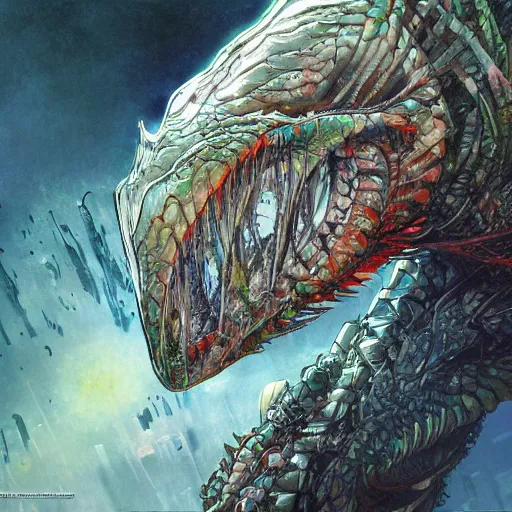 Image similar to a simple concept art portrait of a predatory robotic species. an award winning yoshitaka amano digital art poster color painting. a masterpiece by james gurney. poster colour on canvas.