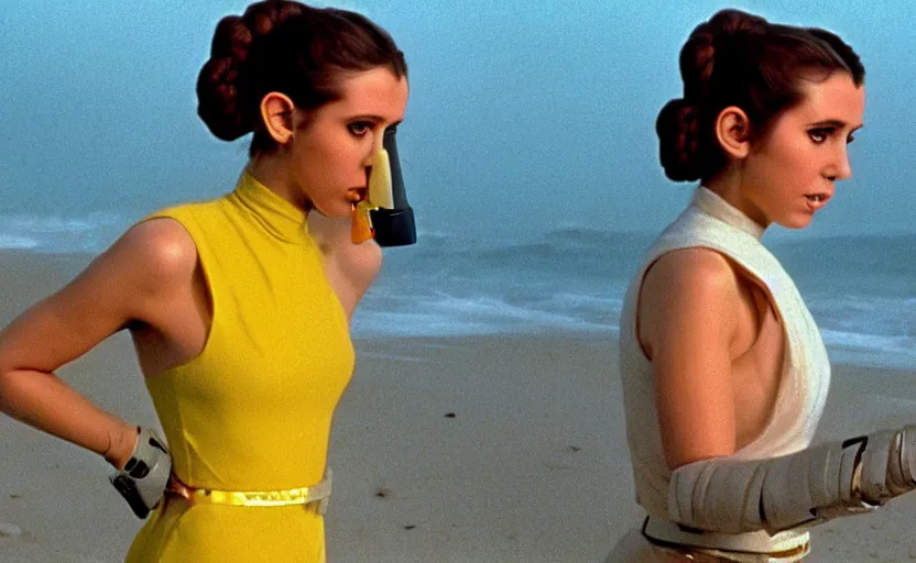 Image similar to glamour portrait of Princess Leia using yellow lightsaber on foggy beach, 1980s film directed by Stephen Speilberg, iconic scene, carrie fischer's photoreal face, stunning cinematography, hyper-detailed, sharp, anamorphic lenses, kodak color, 4k