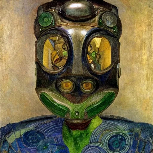 Image similar to the robot in her mechanical mask,by Annie Swynnerton and Diego Rivera, symbolist, dramatic lighting, elaborate geometric ornament, Art Brut, bioluminescent, soft blues and greens,smooth, sharp focus, extremely detailed, Adolf Wölfli