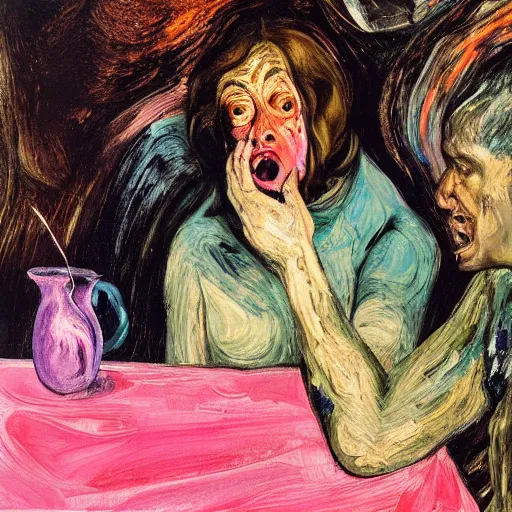 Image similar to high quality high detail expressionist painting of a woman eating in agony by lucian freud and jenny saville and francis bacon and francisco goya and edvard munch, hd, anxiety, seated at table crying and screaming, turquoise and purple and orange and pink