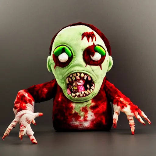 Prompt: a zombie plush. beautifully made, detailed, cute, soft. high quality, studio lighting, product image