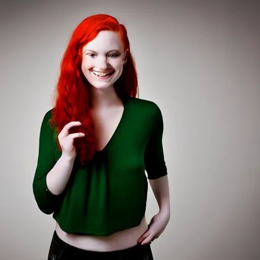 Prompt: artistic photo of a young beautiful woman with red hair and green eyes looking at the camera, smiling slightly, studio lighting, award winning photo by Annie Liebowitz