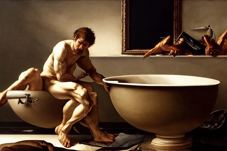 Image similar to hyperrealism aesthetic ridley scott and caravaggio style photography of detailed giant siting on a detailed ultra huge toilet bowl in surreal scene from detailed art house movie in style of denis villeneuve and wes anderson