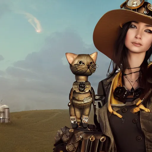 Image similar to a portrait beautiful steampunk woman and her cute robot cat in front of a spaceport, long hair, aged 2 5, slovenian, wearing a travel hat, photo realistic, real life, octane render, trending on artstation