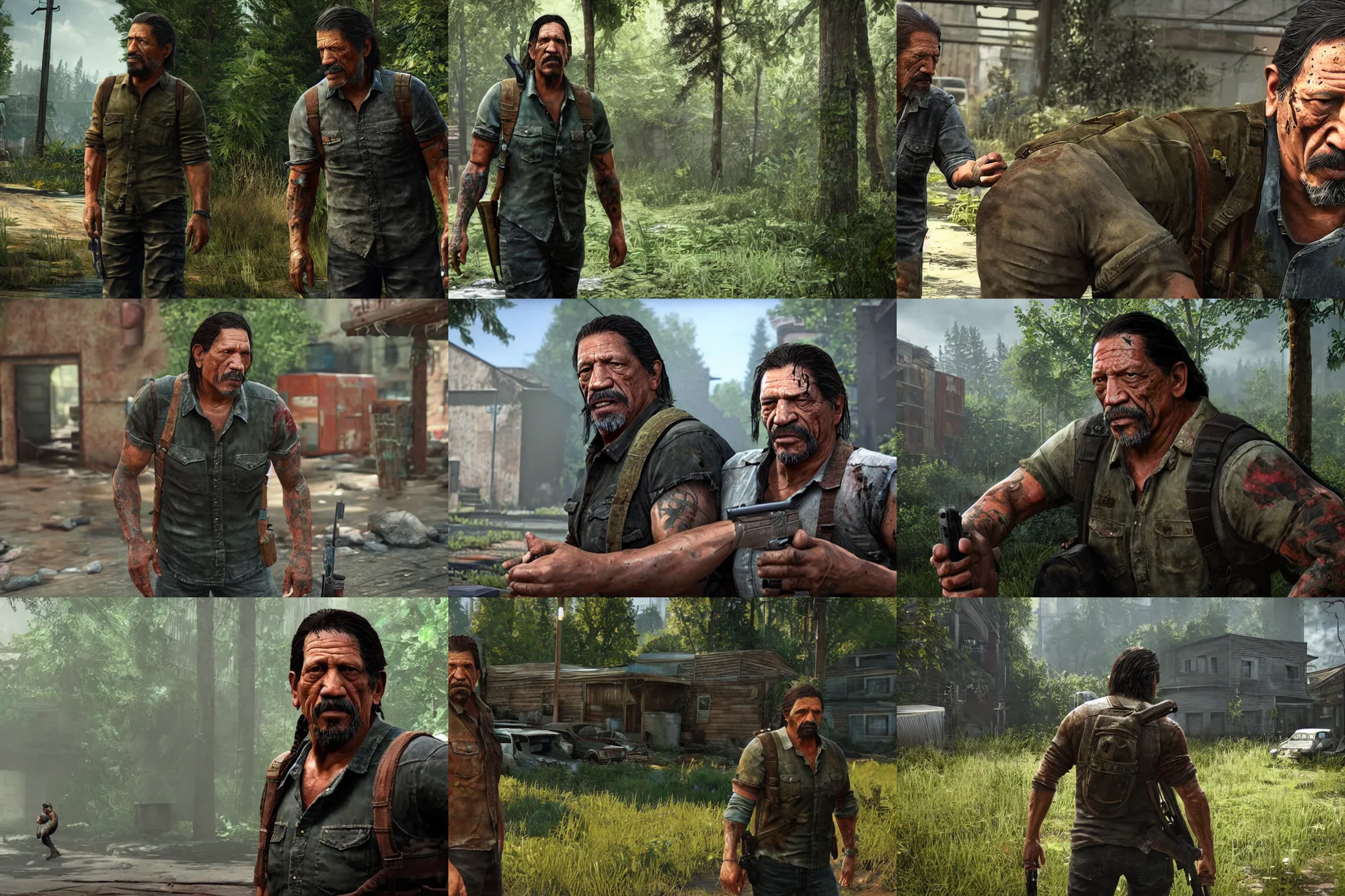 Prompt: a promotional gameplay screenshot of danny trejo in the video game the last of us. 3 d rendering. very detailed