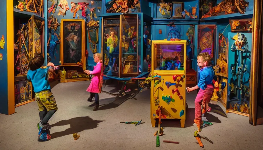 Prompt: three brightly coloured children playing in a giant cabinet of occult objects, museum, dark, realistic, intimidating