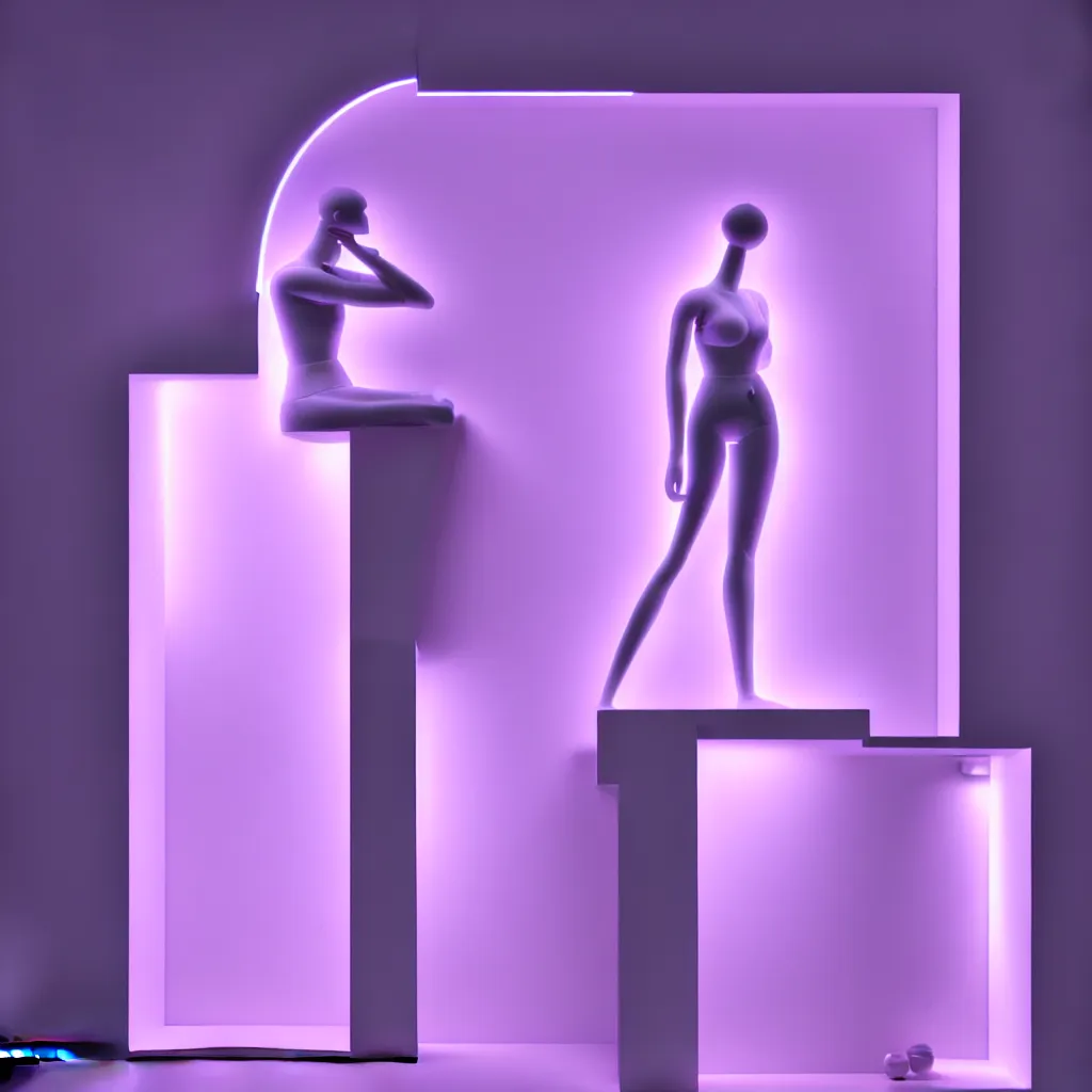 Prompt: beautiful marble sculpture of a mannequin by billelis + lit with 3 d geometric neon + moon in background!, facing a doorway opening with neon pink geometric light + hosta flowers!!, award winning, clean linework, dramatic, finely detailed, 4 k, trending on artstation, photorealistic, volumetric lighting, octane render