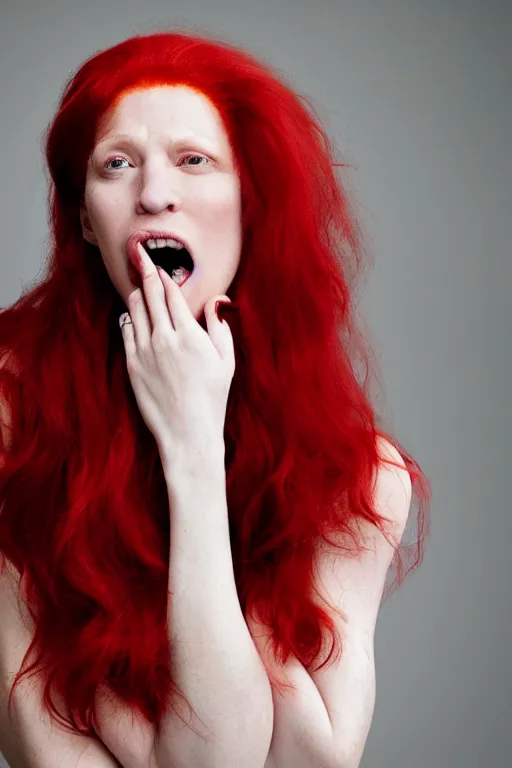 Image similar to A beautiful clothed woman with red hair, mouth slightly open, looking at the camera, award winning photograph by Annie Liebowitz