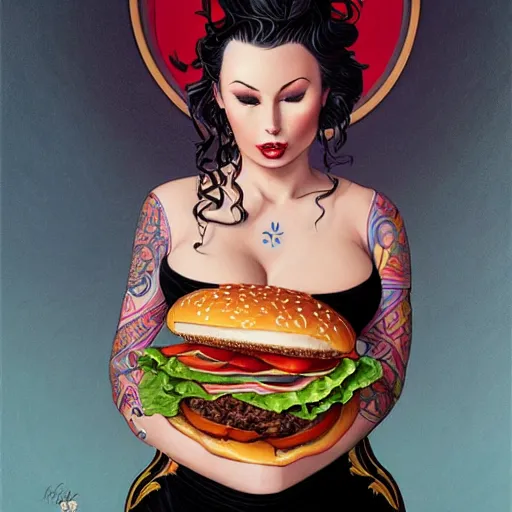 Prompt: detailed full body concept art illustration oil painting of christy mack eating hamburgers, extra ketchup, bacon lettuce and tomatos, oriental art nouveau, frock, mid body, radiant halo of light, black gold smoke ink, woman covered in sliced tomatos and onions, peter mohrbacher, artgerm