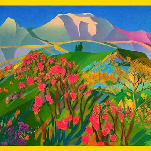 Image similar to mountain landscape in spring, flowers, teal landscape, dreamy light, sunny complementary palette, by and jacek yerga and tamara de lempicka and jesse king, pop surrealist, wiccan