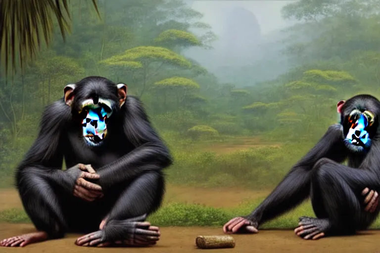 Image similar to rehabilitated chimpanzee giving a thank hug to the robot that saved them from humans, illustartion by greg rutkowski and Shepard Fairy, exhuberant jungle in the background, 35mm, digital painting, cinematic animation film, amazonian jungle, werner herzog