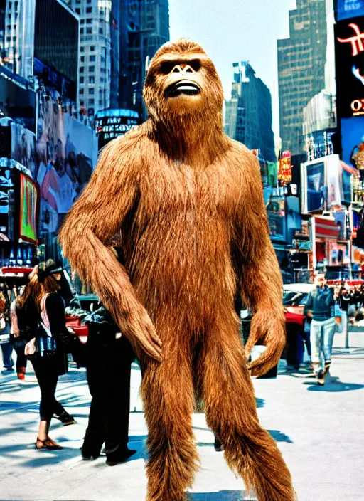 Image similar to photorealistic photograph of bigfoot in times square, 3 5 mm film, fuji, leica s, bigfoot, nyc, in the style of fashion photography, intricate, golden hour sunlight, kodachrome