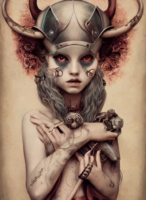 Image similar to pop surrealism, lowbrow art, realistic viking painting, armor, hyper realism, muted colours, rococo, natalie shau, loreta lux, tom bagshaw, mark ryden, trevor brown style,