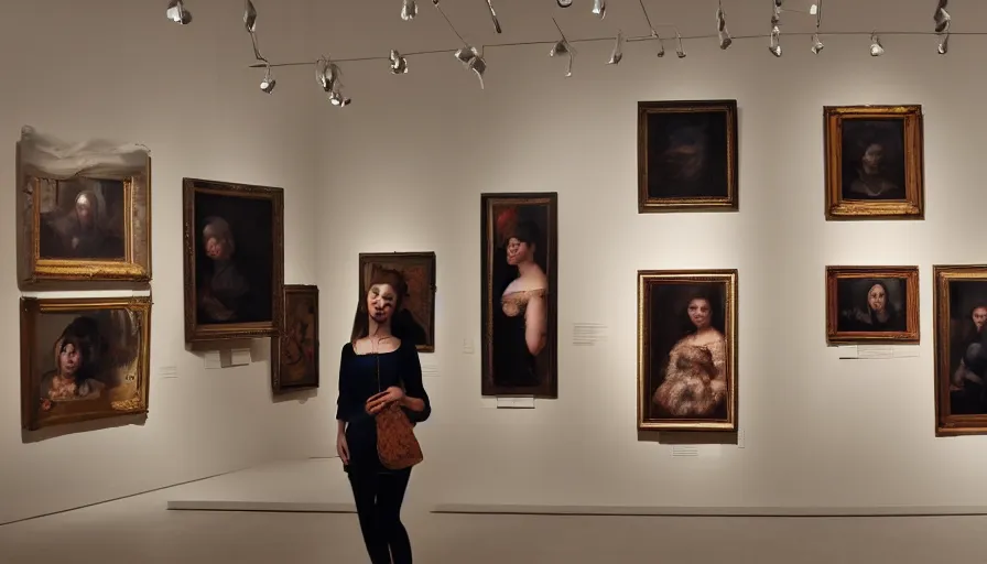 Image similar to a gallery full of portrait paintings of seductive women, walls full of art, museum