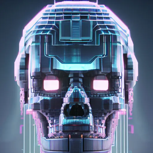 Image similar to portrait of cybernetic overlord of the metaverse, skull, hard surface, ceramics, reflections, ambient occlusion, raytracing, unreal engine 5, pixel art 8 - bit, by beeple
