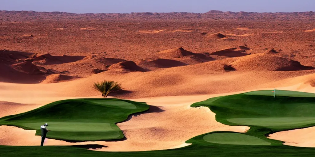 Prompt: a great photograph of the most amazing golf hole in the world, fairway in the sahara desert, ambient light, golf digest, top 1 0 0,